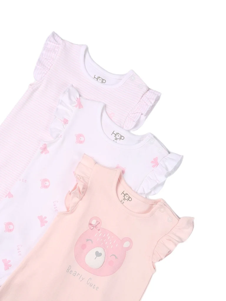 HOP Baby Girls Pink Printed Cotton Romper - Pack of 3 - Image 3