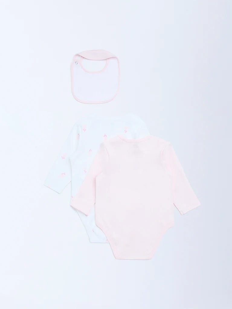 HOP Baby Girls Pink Printed Cotton Rompers and Bib - Pack of 2 - Image 3
