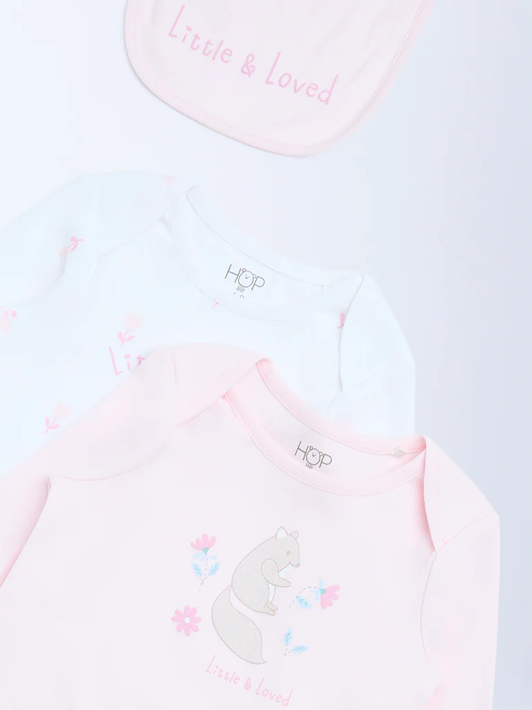 HOP Baby Girls Pink Printed Cotton Rompers and Bib - Pack of 2 - Image 4