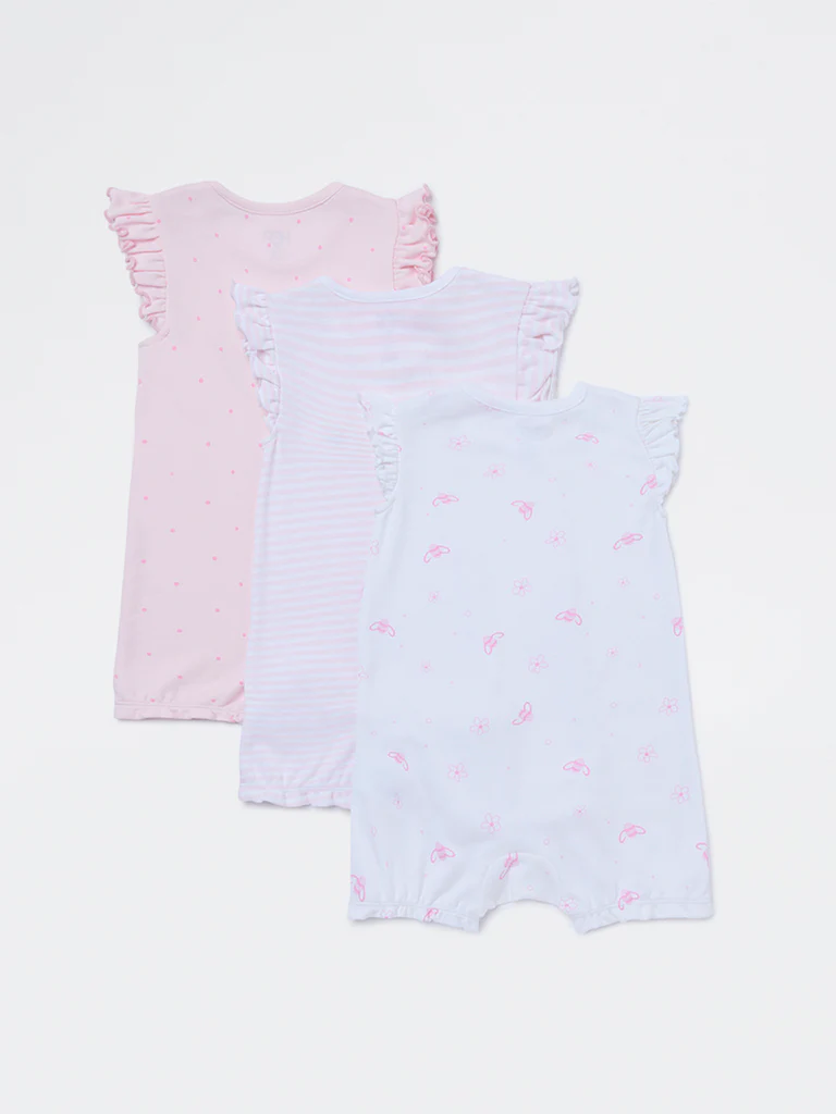 HOP Baby Girls Pink Printed Cotton Rompers - Pack of 3 - Image 3