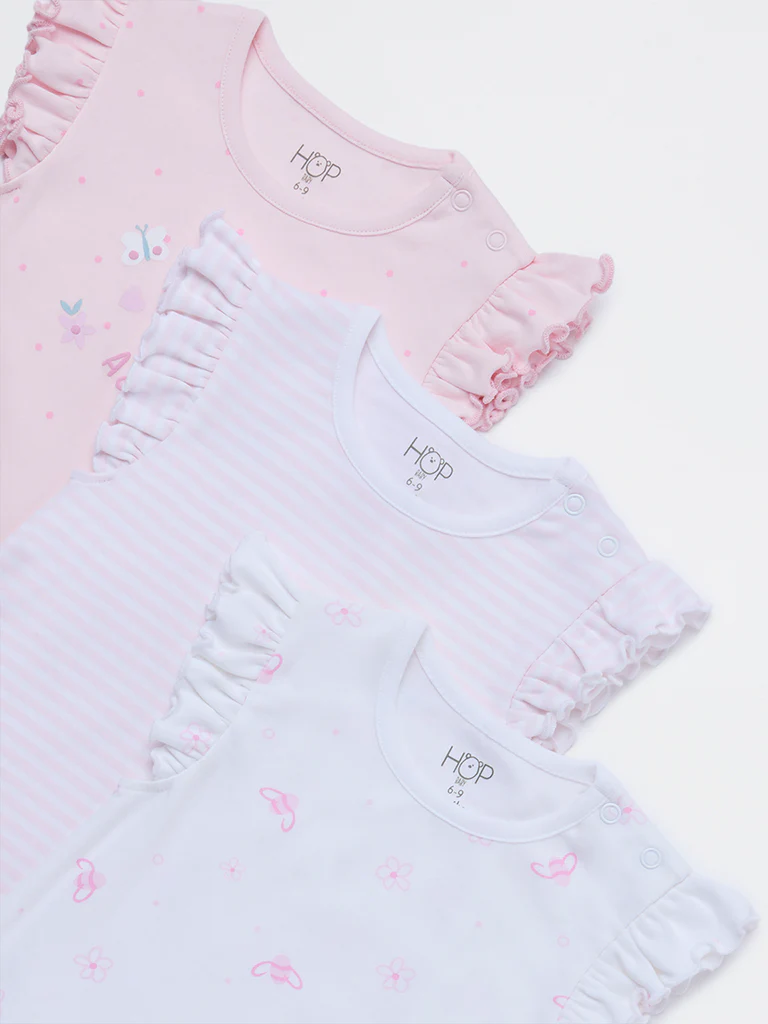 HOP Baby Girls Pink Printed Cotton Rompers - Pack of 3 - Image 4