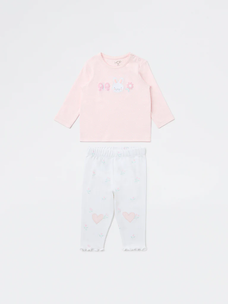 HOP Baby Girls Pink Printed Cotton T-Shirt and Pants Set - Image 2