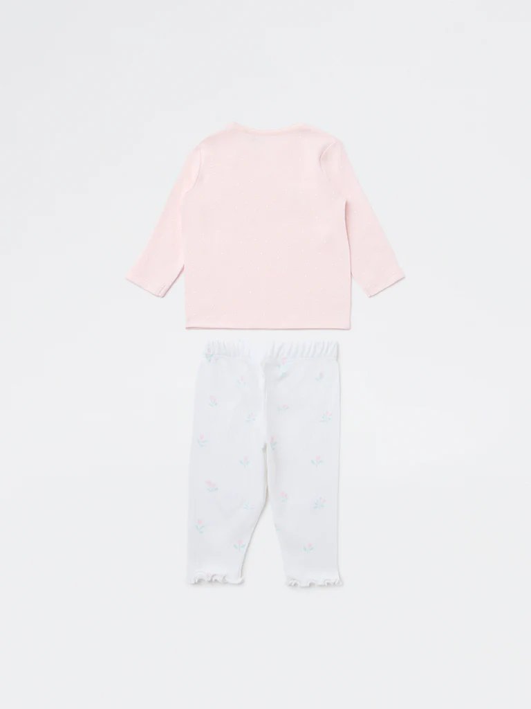 HOP Baby Girls Pink Printed Cotton T-Shirt and Pants Set - Image 3