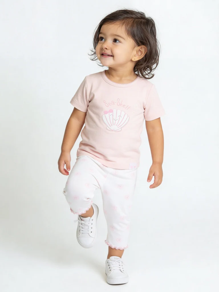 HOP Baby Girls Pink Printed Cotton T-Shirt and Pants Set