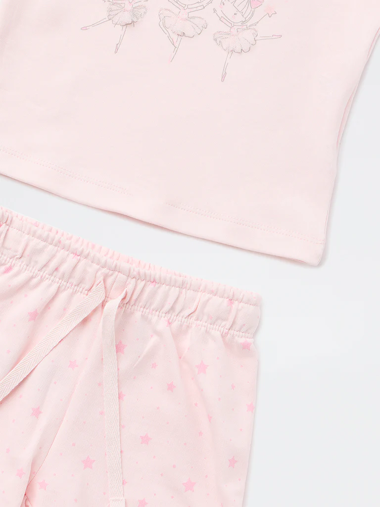 HOP Baby Girls Pink Printed Cotton T-Shirt and Shorts Set - Image 3