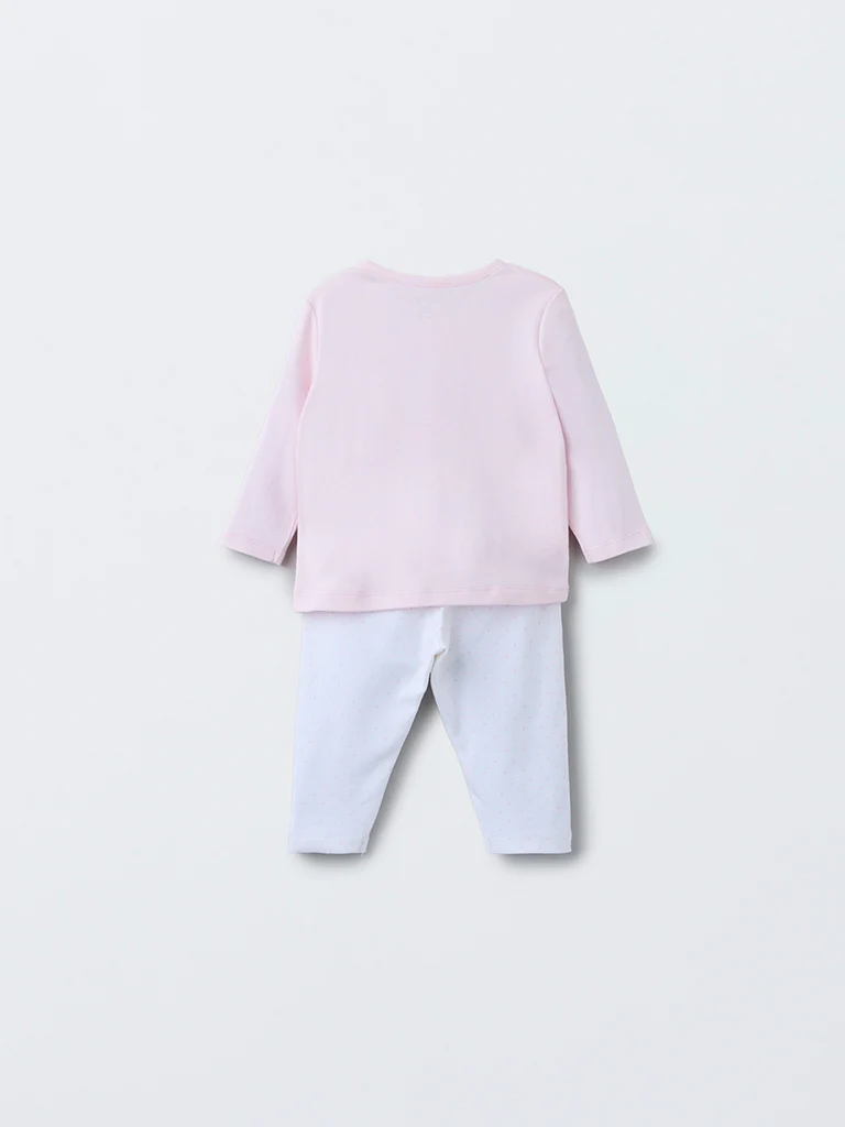 HOP Baby Girls Pink Printed Cotton T-Shirt with Pants Set - Image 3