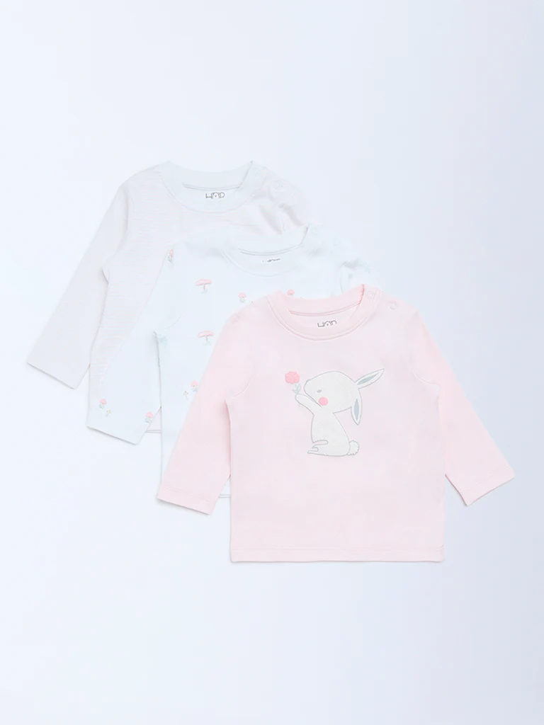 HOP Baby Girls Pink Printed Cotton T-Shirts - Pack of 3 - Image 2