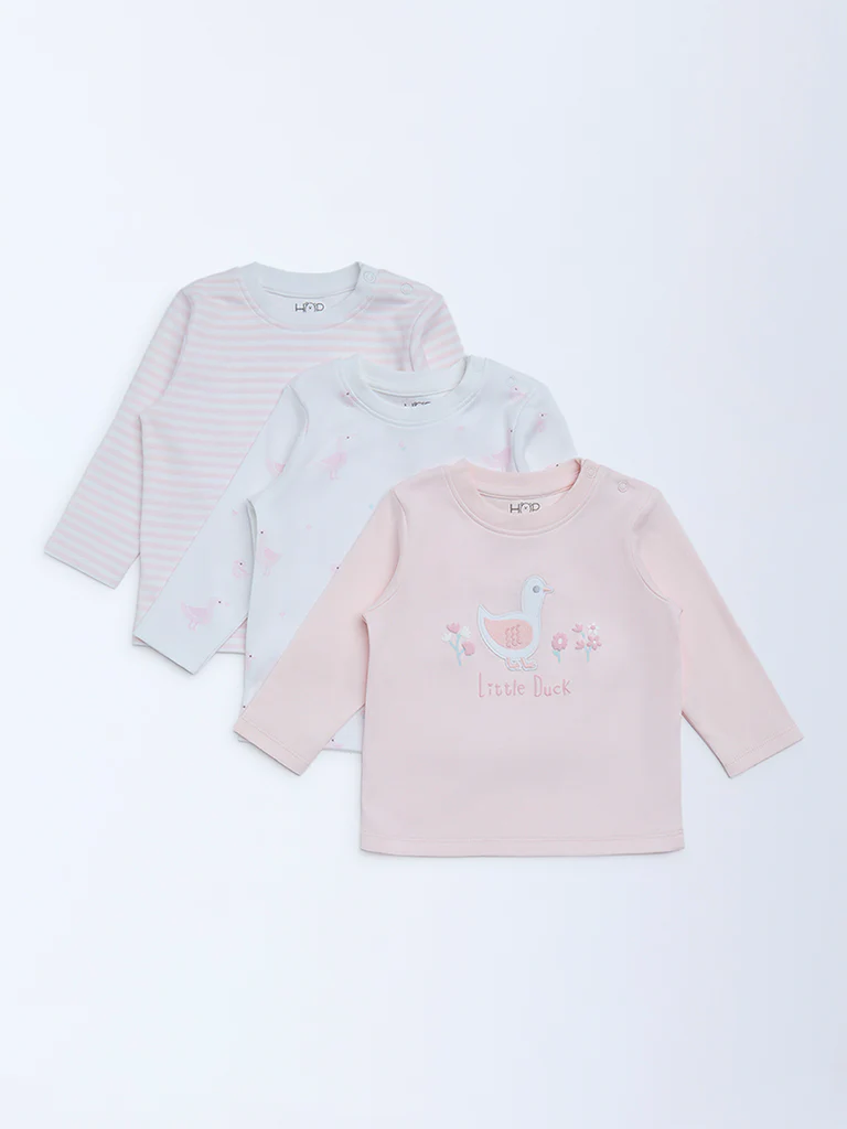 HOP Baby Girls Pink Printed Cotton T-Shirts - Pack of 3 - Image 2