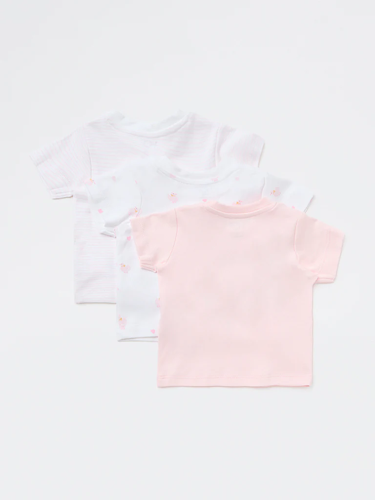 HOP Baby Girls Pink Printed Cotton T-Shirts (Pack of 3) - Image 3