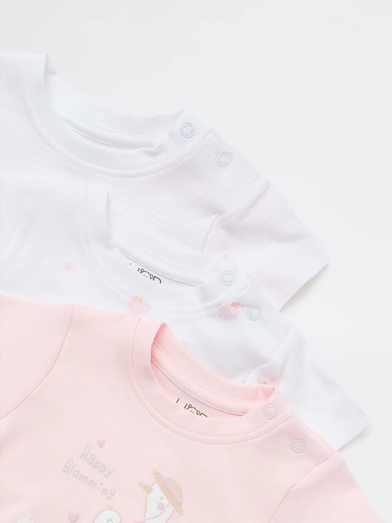 HOP Baby Girls Pink Printed Cotton T-Shirts (Pack of 3) - Image 4