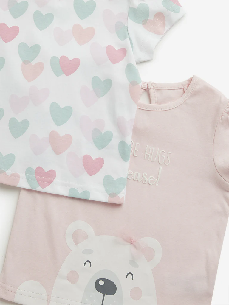 HOP Baby Girls Pink Printed Cotton Tops - Pack of 2 - Image 3