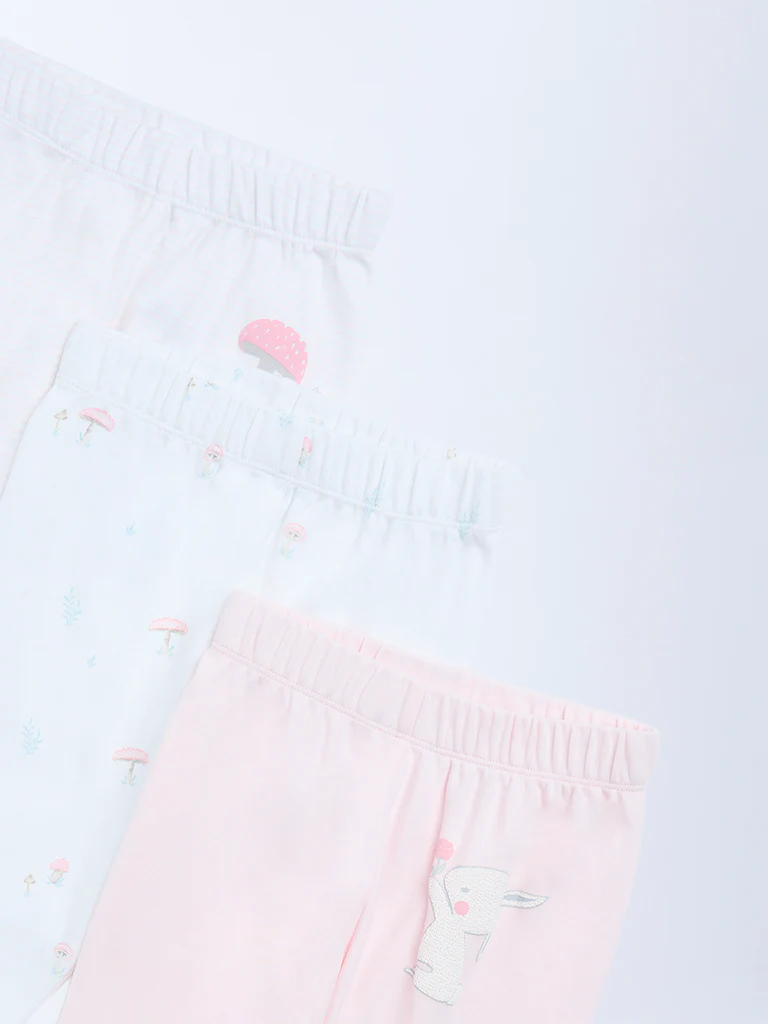 HOP Baby Girls Pink Printed High-Rise Cotton Pants - Pack of 3 - Image 4