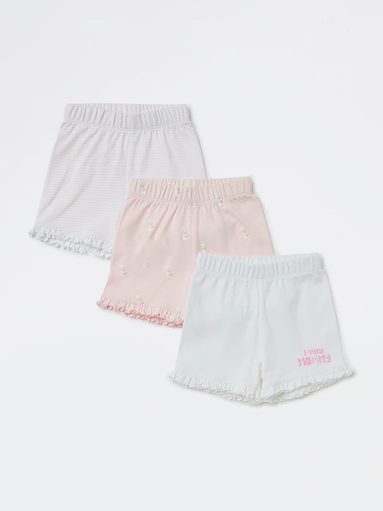 HOP Baby Girls Pink Printed High-Rise Cotton Shorts - Pack of 3 - Image 2