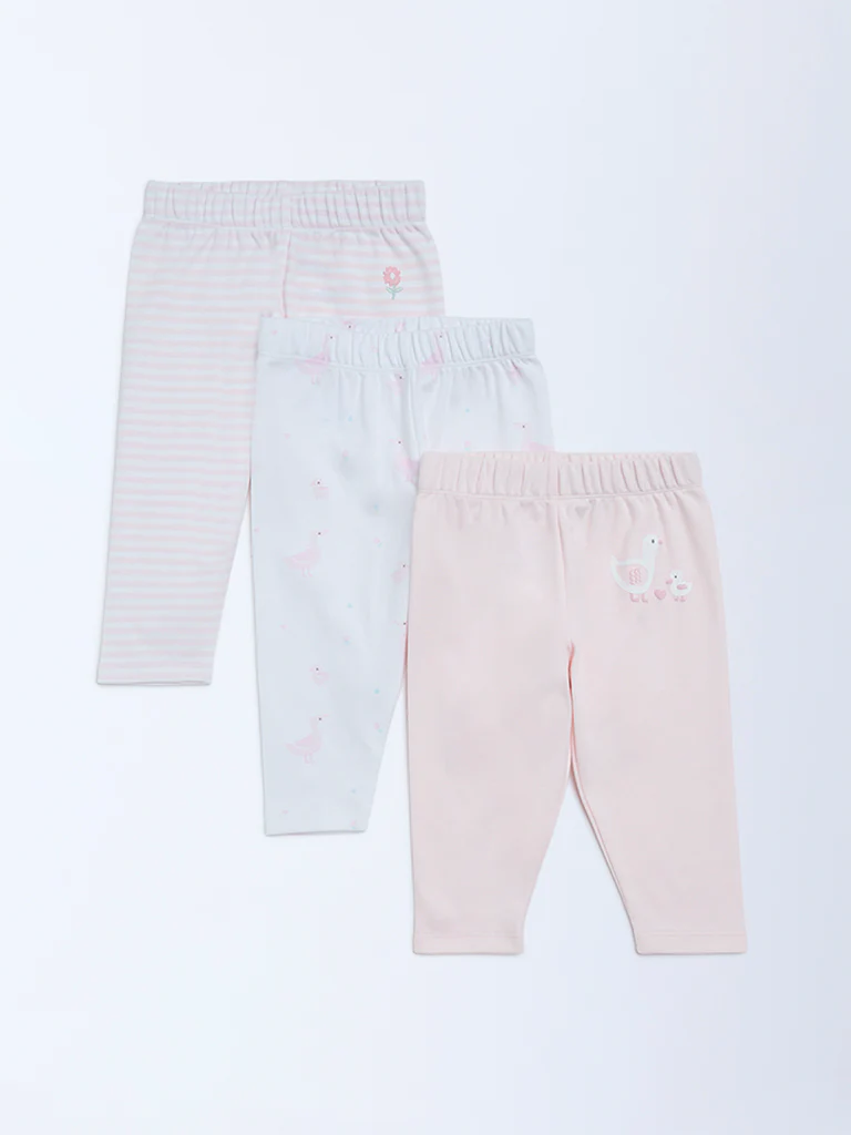 HOP Baby Girls Pink Printed Mid-Rise Cotton Pants - Pack of 3 - Image 2