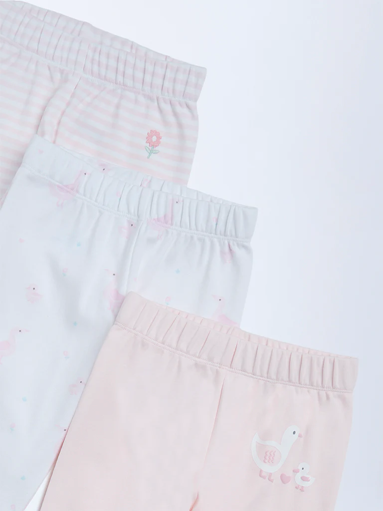 HOP Baby Girls Pink Printed Mid-Rise Cotton Pants - Pack of 3 - Image 4
