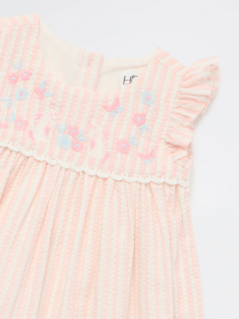 HOP Baby Girls Pink Seersucker Textured A-Line Cotton Dress - Image 3