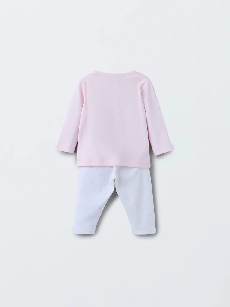 HOP Baby Girls Pink Swan Design Cotton T-Shirt with Pants Set - Image 3