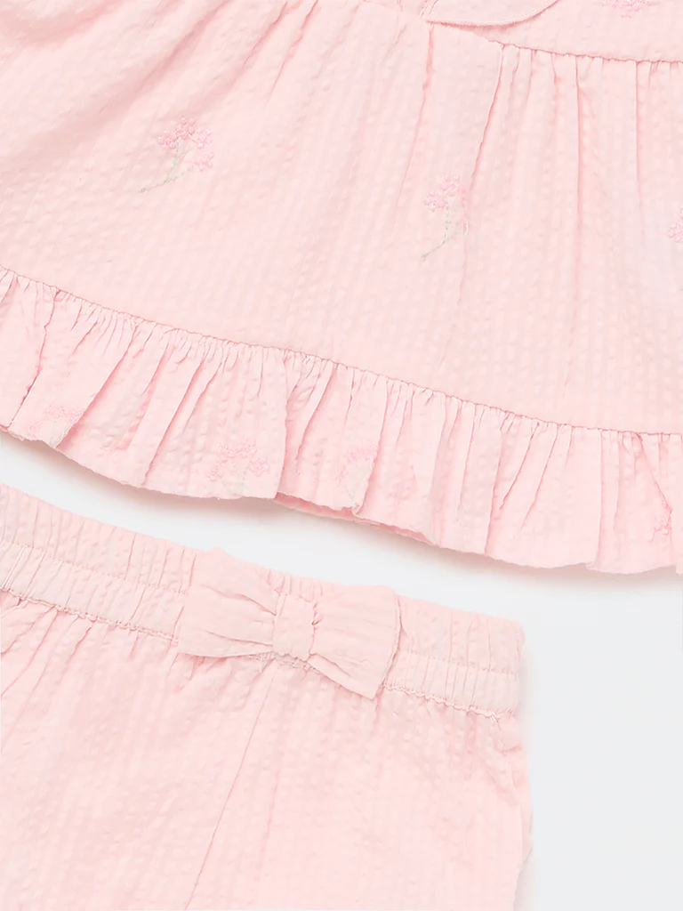 HOP Baby Girls Pink Textured A-Line Cotton Dress with Shorts Set - Image 4