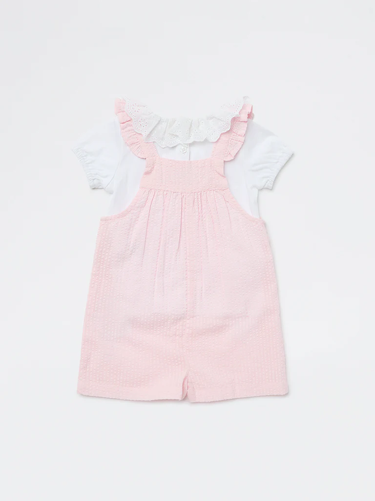 HOP Baby Girls Pink Textured Cotton Romper and T-Shirt Set - Image 2