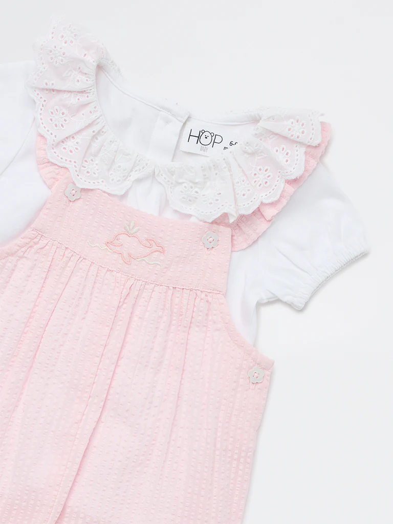 HOP Baby Girls Pink Textured Cotton Romper and T-Shirt Set - Image 3