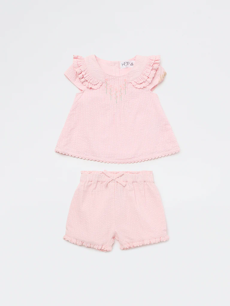 HOP Baby Girls Pink Textured Cotton Top and Shorts Set - Image 2