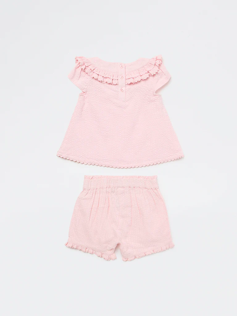 HOP Baby Girls Pink Textured Cotton Top and Shorts Set - Image 4