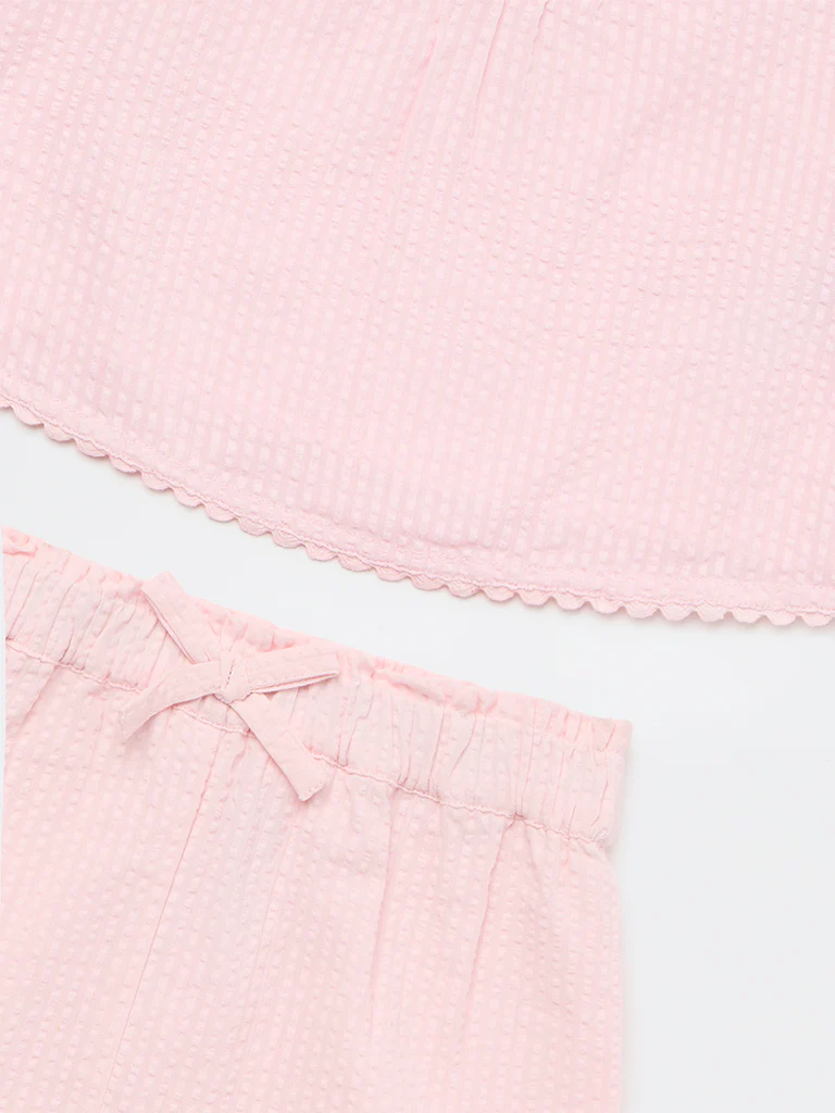 HOP Baby Girls Pink Textured Cotton Top and Shorts Set - Image 6