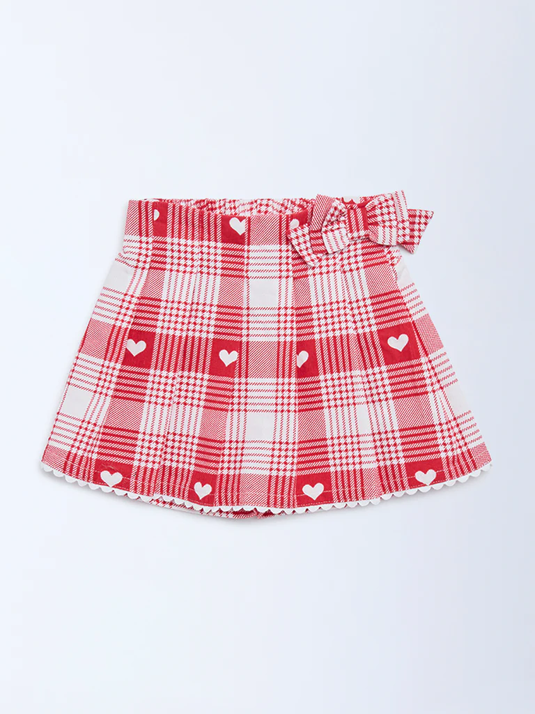 HOP Baby Girls Red Checkered High-Rise Cotton Skort - Image 2