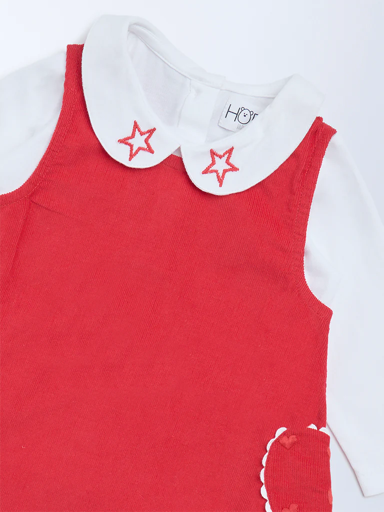 HOP Baby Girls Red Cotton Pinafore and T-Shirt Set - Image 4