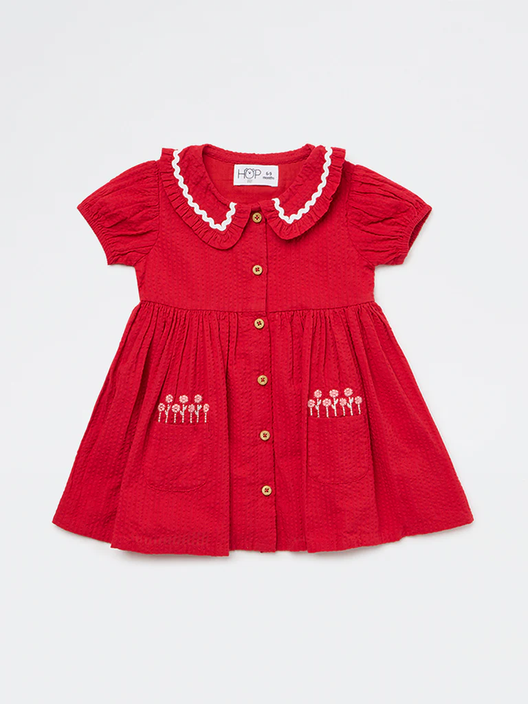 HOP Baby Girls Red Floral Embroidered A-Line Cotton Dress - Image 2