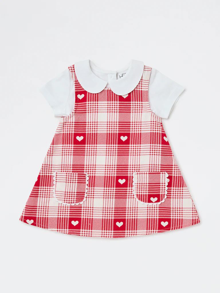 HOP Baby Girls Red Houndstooth Check Cotton Pinafore and T-Shirt Set - Image 2