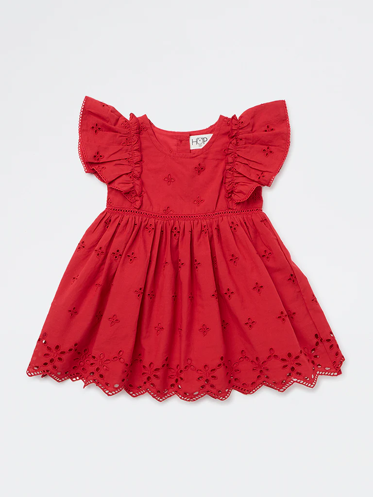 HOP Baby Girls Red Schiffli Embroidered Cotton A-Line Dress - Image 2