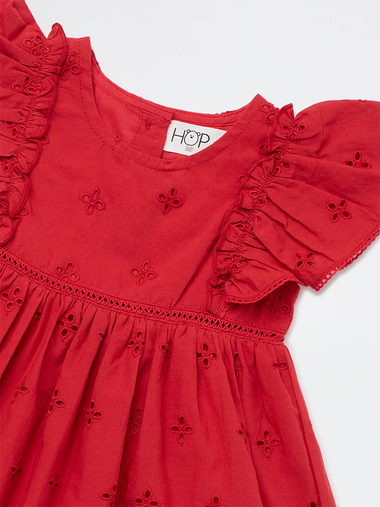 HOP Baby Girls Red Schiffli Embroidered Cotton A-Line Dress - Image 4