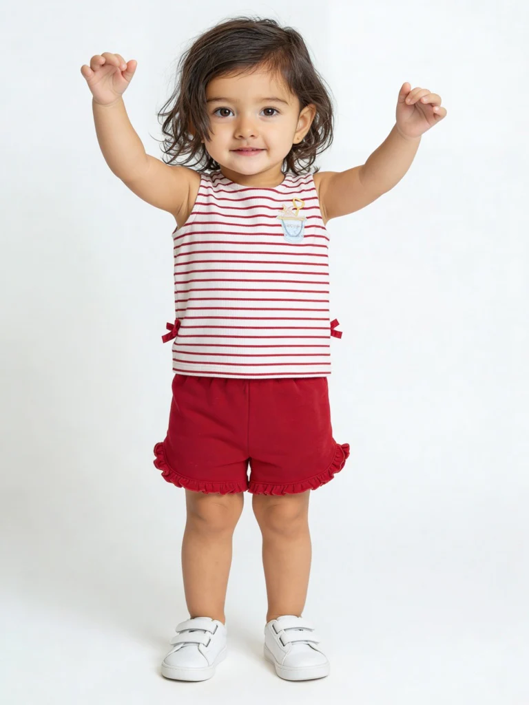 HOP Baby Girls Red Striped Cotton T-Shirt and Shorts Set