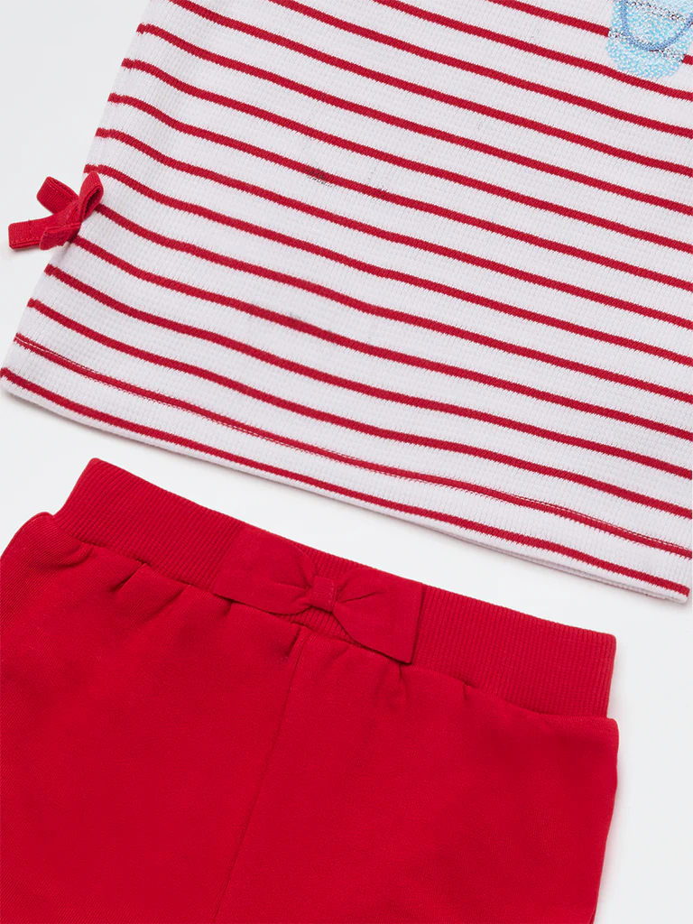 HOP Baby Girls Red Striped Cotton T-Shirt and Shorts Set - Image 4