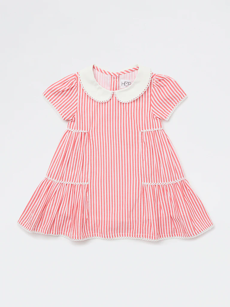 HOP Baby Girls Red Striped Tiered Cotton Dress - Image 2