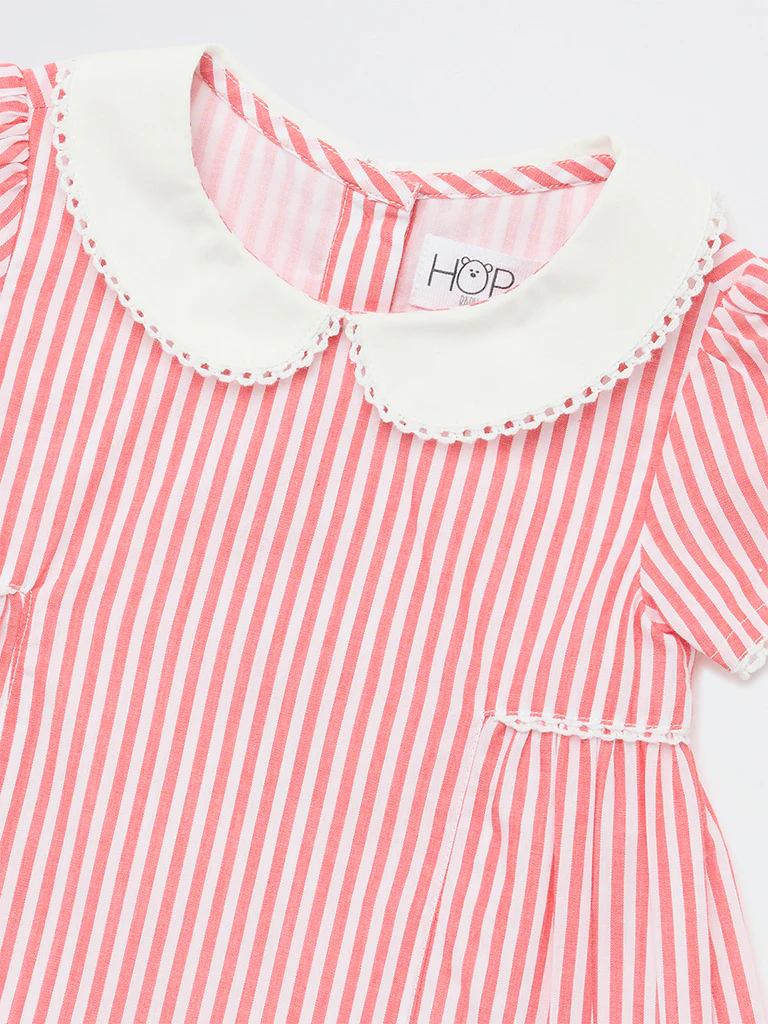 HOP Baby Girls Red Striped Tiered Cotton Dress - Image 4