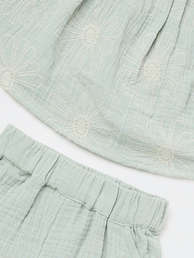 HOP Baby Girls Sage Floral Embroidered Cotton Top with Shorts Set - Image 4