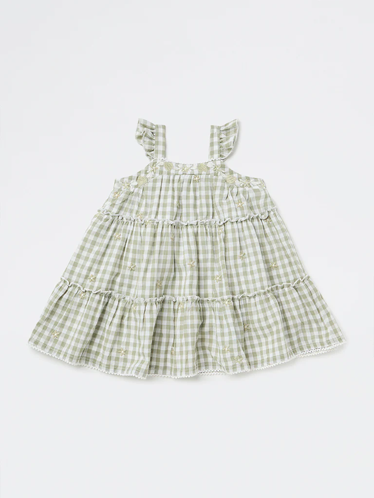 HOP Baby Girls Sage Gingham Checkered Cotton Tiered Dress - Image 2