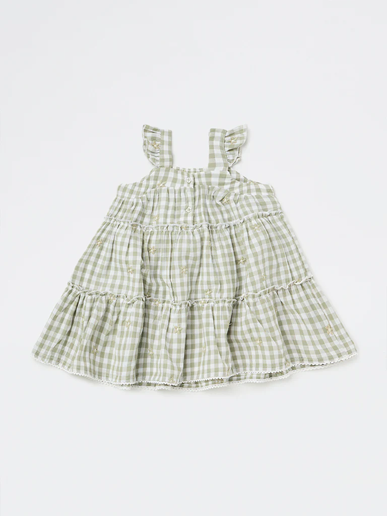HOP Baby Girls Sage Gingham Checkered Cotton Tiered Dress - Image 3