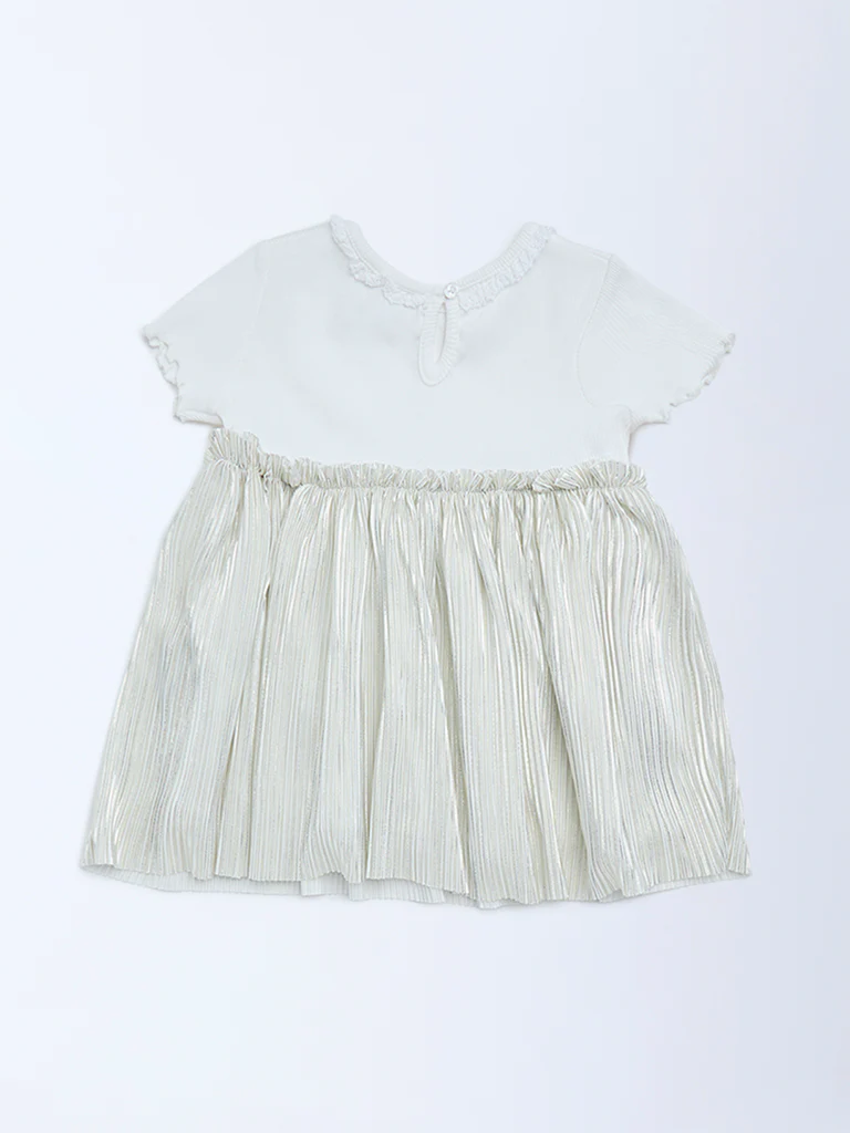 HOP Baby Girls Silver Fit-and-Flare Plisse Cotton-Blend Dress - Image 3