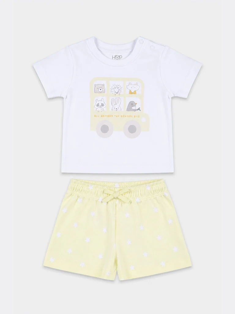 HOP Baby Girls White and Yellow Printed Cotton T-Shirt and Shorts Set