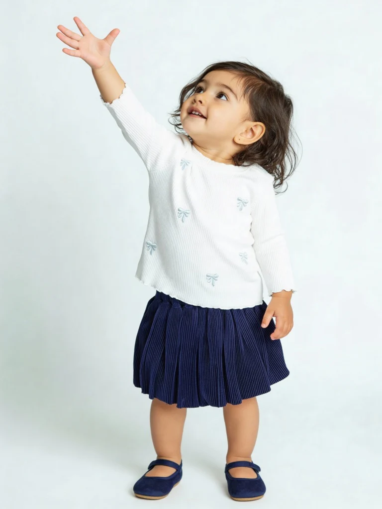 HOP Baby Girls White Bow Embroidered Cotton T-Shirt and Skirt Set