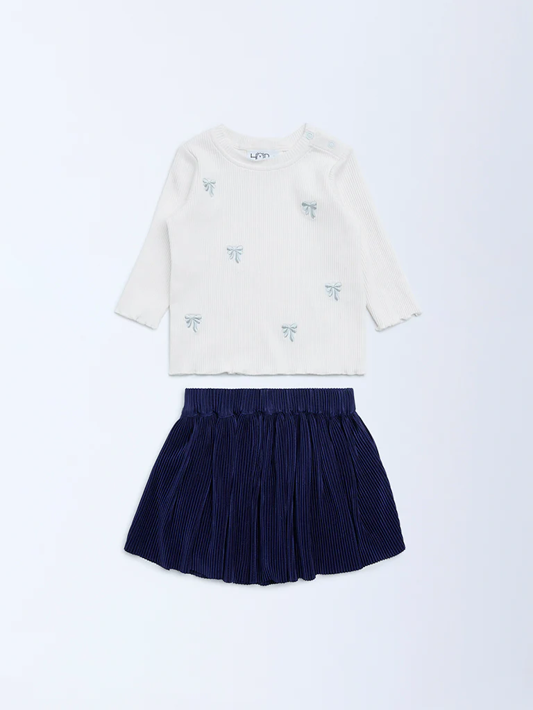 HOP Baby Girls White Bow Embroidered Cotton T-Shirt and Skirt Set - Image 2