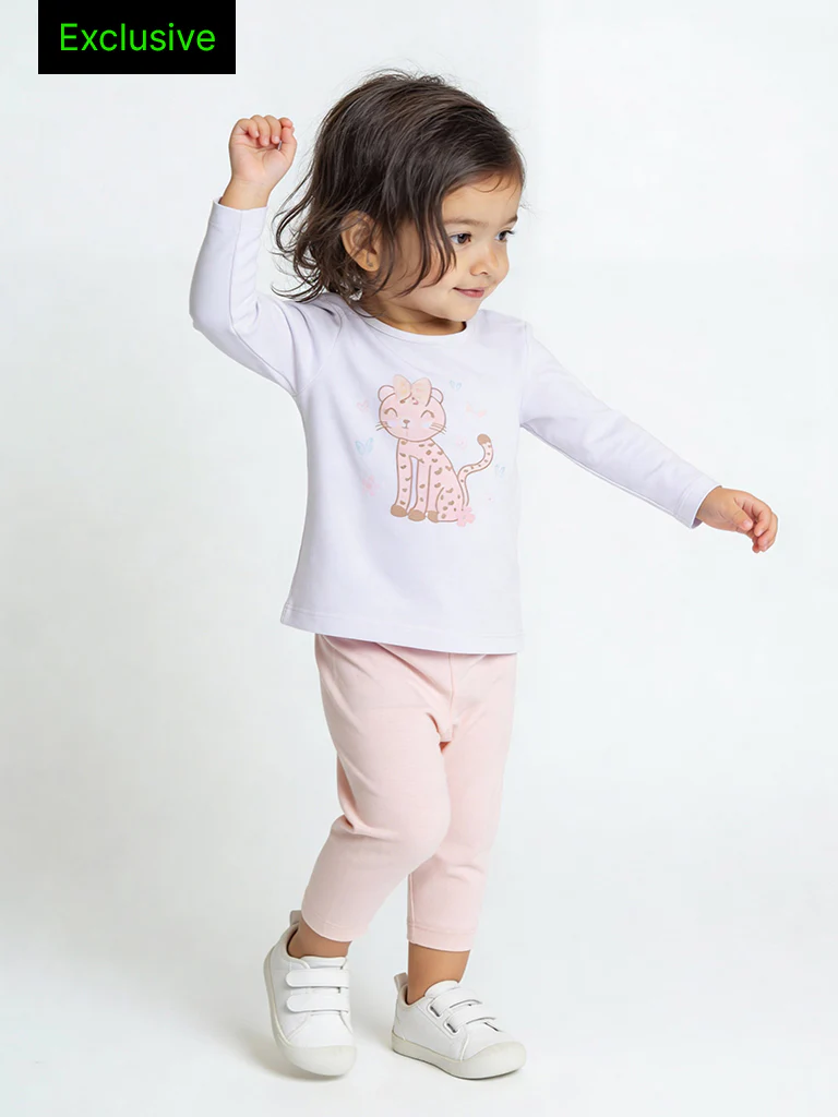 HOP Baby Girls White Cat Design Cotton T-Shirt and Pants Set - Exclusive
