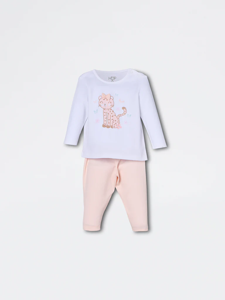 HOP Baby Girls White Cat Design Cotton T-Shirt and Pants Set - Exclusive - Image 2