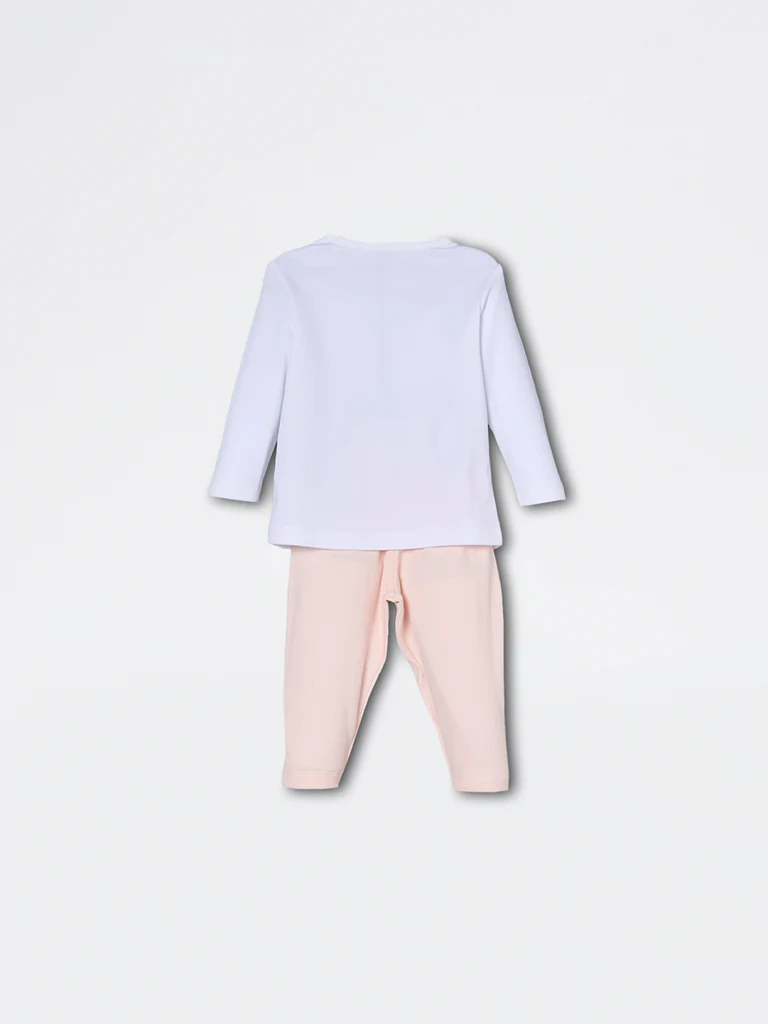 HOP Baby Girls White Cat Design Cotton T-Shirt and Pants Set - Exclusive - Image 3