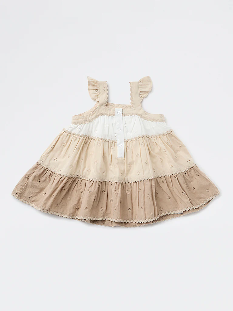 HOP Baby Girls White Color Block Cotton Dress - Image 2