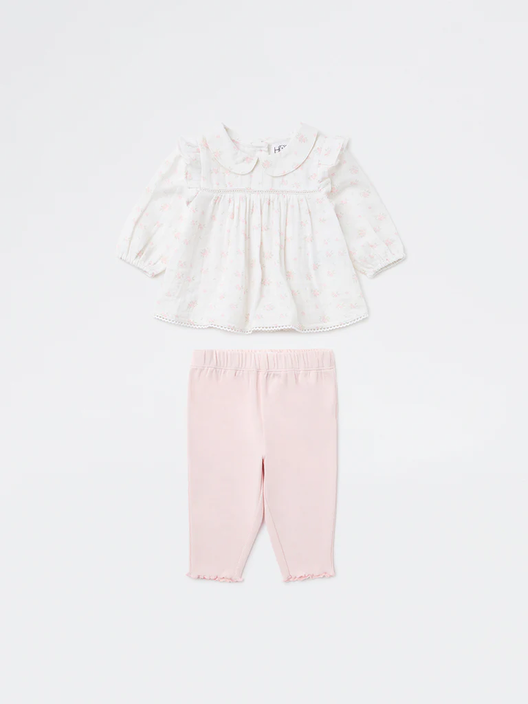 HOP Baby Girls White Cotton-Blend Top and Leggings Set - Image 2
