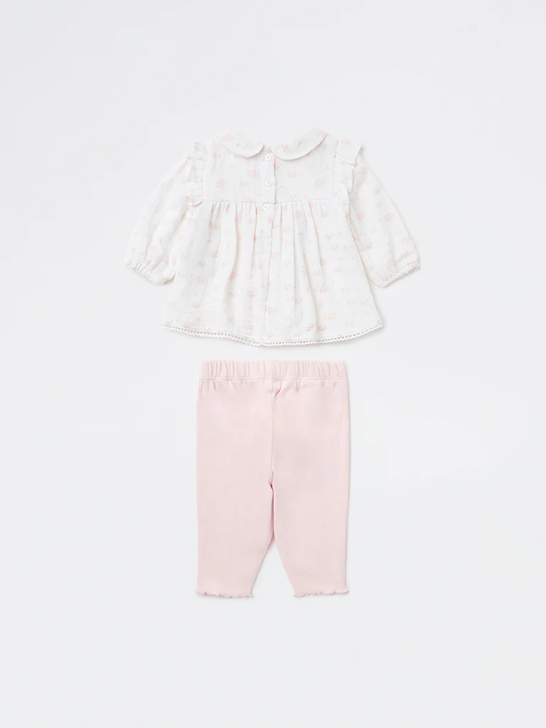HOP Baby Girls White Cotton-Blend Top and Leggings Set - Image 3